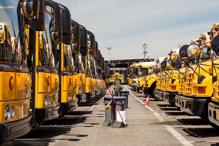iStock-1252428120 - rows of buses being cleaned